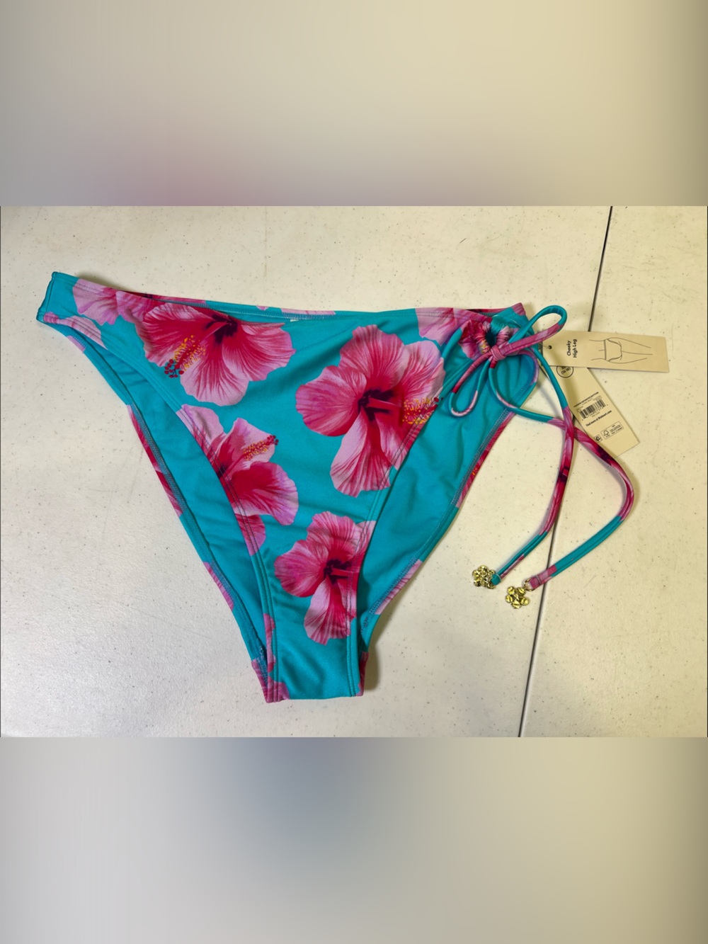 NOBO Turquoise Bikini Bottom with Pink Floral Print and Side Ties